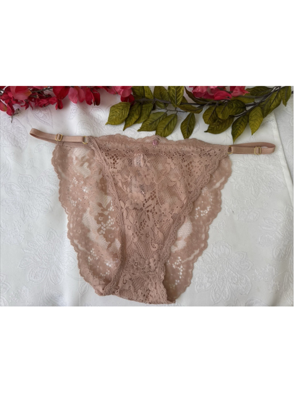 VICTORIA'S SECRET XL NUDE LACE DREAM ANGELS MINI STRING BIKINI ADJ SIDES PANTIES